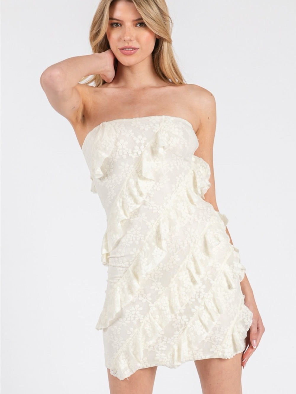 Vintage Ivory Strapless Ruffle Lace Mini Dress